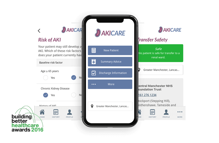 Smartphone showing different sections of the AKI Care app. AKI Care has won the “building better healthcare awards 2016”