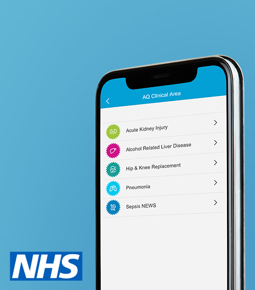 Smartphone showing different clinical areas of the healthcare app we developed for AQuA. AQuA is an NHS health and care quality improvement organisation