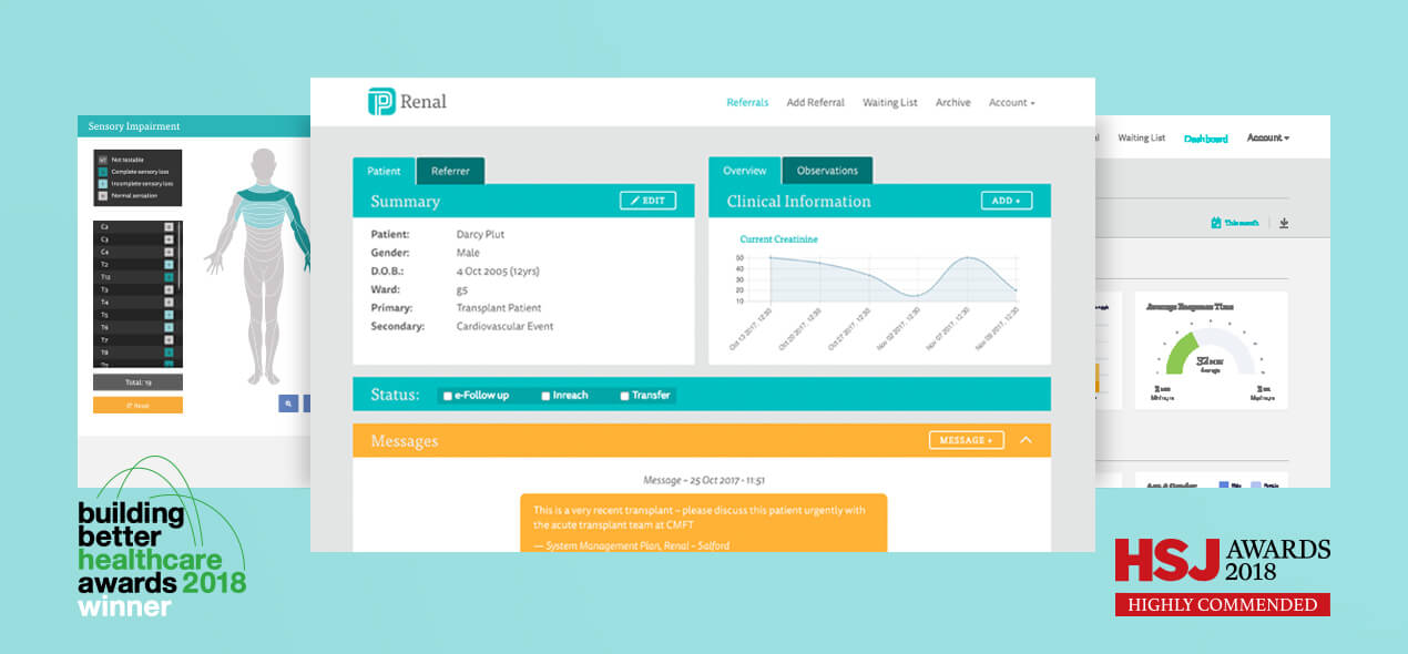 Screenshots of different sections within Patient Pass. Patient Pass has won the “building better healthcare awards 2018” and was highly commended for the “HSJ Awards 2018”
